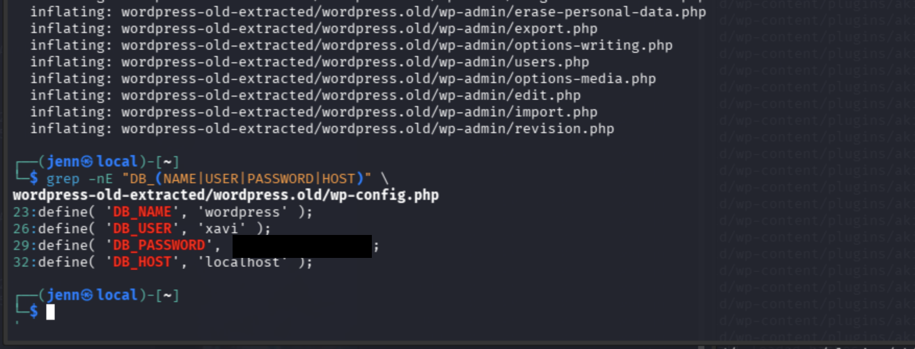 Historical WordPress database credentials with Xavi's password redacted